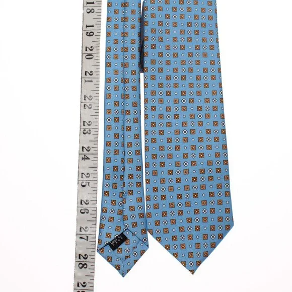 Drake's NWT Neck Tie in Light Blue with Orange/White Geometric Pattern 100% Silk